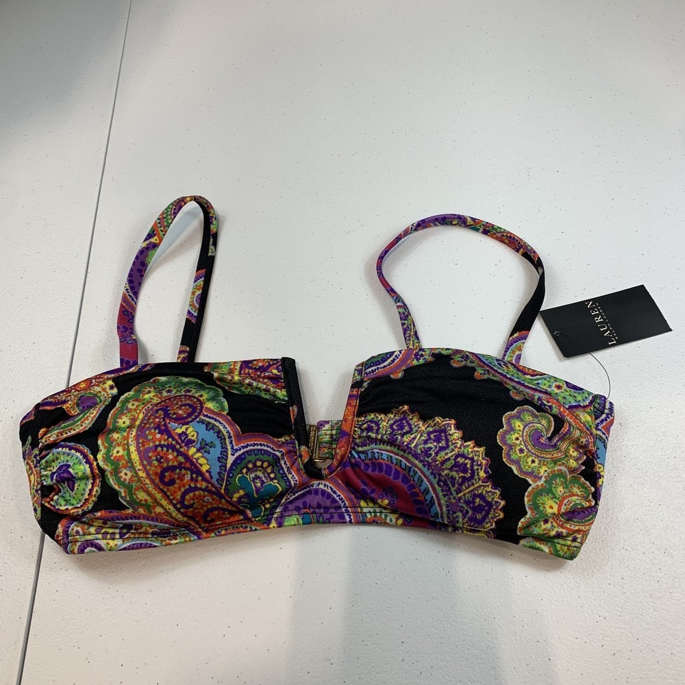 Lauren Ralph Lauren Swim Bikini Top 10‎ Black Bordado Paisley Bandeau U Wire
